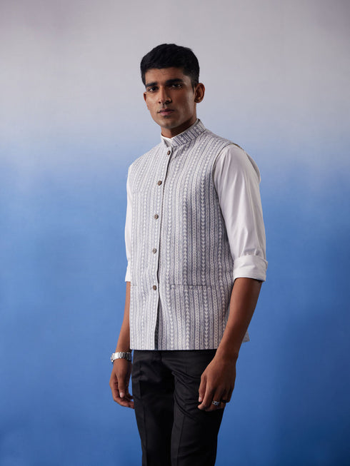 Vastramay Men's Grey Aztec Print Nehru Jacket